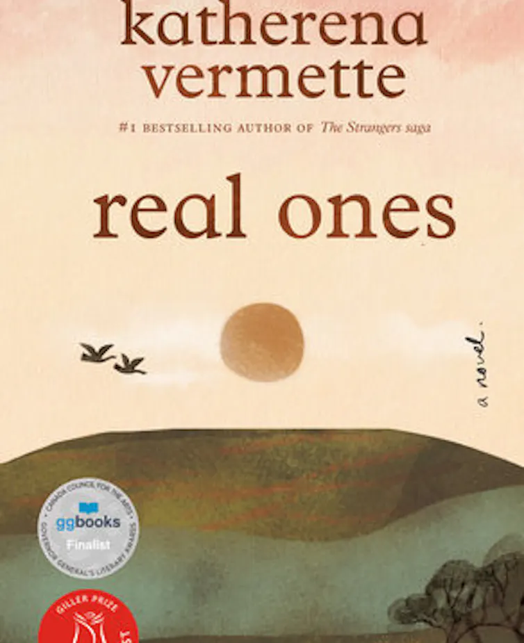 Book cover with the title Real Ones shows illustration of a sun and birds over a green landscape.